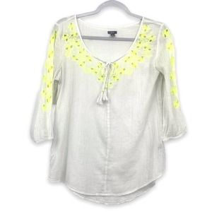 Aerie Boho White Gauze 3/4 Sleeve Embroidered Peasant Top with Tassle Front Ties